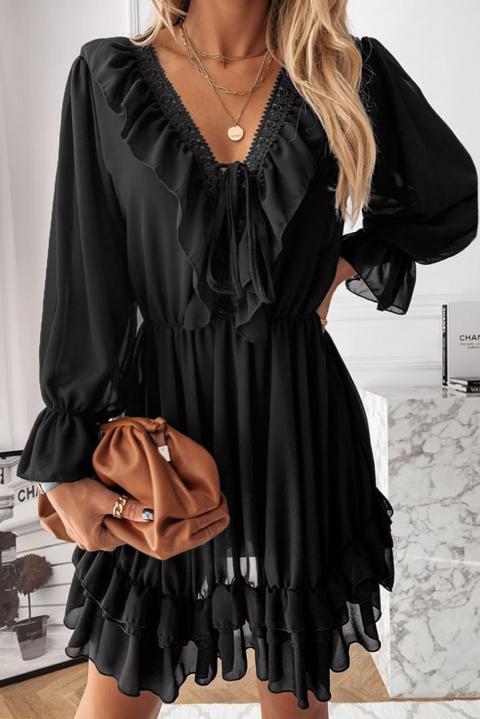 Κομψό μίνι φόρεμα με V-λαιμόκοψη δαντελένια λεπτομέρεια και ράφλες Clementina, μαύρο