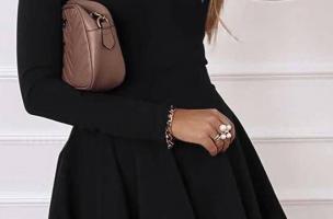 Κομψό μίνι φόρεμα "V" λαιμόκοψη και βολάν στη φούστα Kyliana, μαύρο