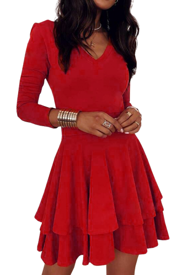 Κομψό μίνι φόρεμα "V" λαιμόκοψη και βολάν στη φούστα Kyliana, κόκκινο
