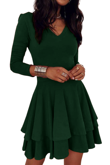Κομψό μίνι φόρεμα "V" λαιμόκοψη και βολάν στη φούστα Kyliana, πράσινο
