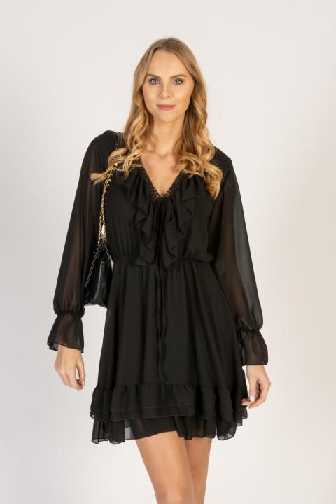 Κομψό μίνι φόρεμα με V-λαιμόκοψη δαντελένια λεπτομέρεια και ράφλες Clementina, μαύρο