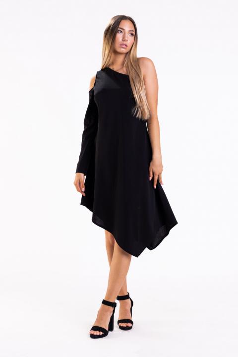 Κομψό μίνι φόρεμα με ασύμμετρη V -λαιμόκοψη Lavita, μαύρο