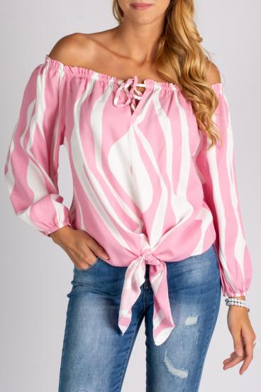 Χαλαρή μπλούζα με ανοιχτούς ώμους και κορδόνια Inessa, λευκό και ροζ