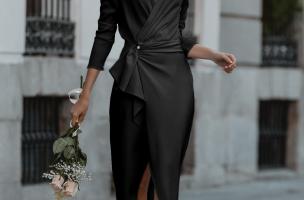 Κομψό μίντι φόρεμα με βολάν και μανίκια 3/4 και φούστα σπαστή Brynlee, μαύρο