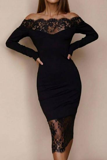 Κομψό μακρυμάνικο μίντι φόρεμα με διάφανη λεπτομέρεια από δαντέλα Avignon, μαύρο