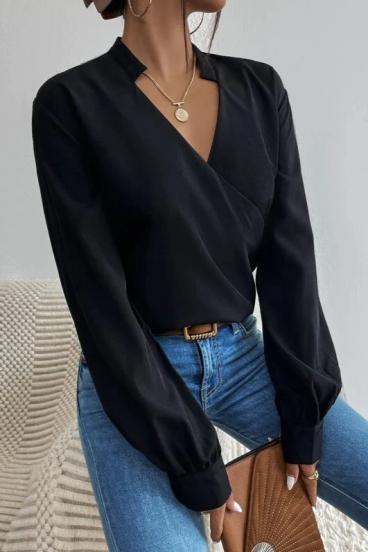 Κομψή μπλούζα με χιαστί V-λαιμόκοψη και βολάν γιακά Belucca, μαύρο