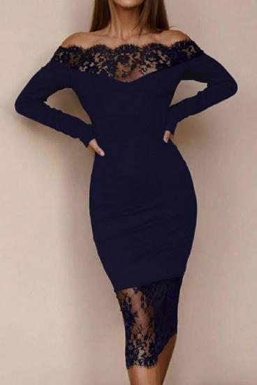 Κομψό μίντι φόρεμα Avignon με μακριά μανίκια και διάφανη δαντέλα, σκούρο μπλε