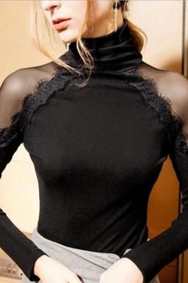 Κομψή μπλούζα Begonya με ψηλό λαιμό και μανίκια με διάφανα υφασμάτινα ένθετα, μαύρο