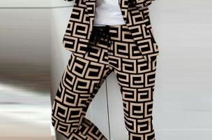 Nunzia παντελόνι σετ με κομψό blazer με γεωμετρικό σχέδιο, μαύρο-μπεζ