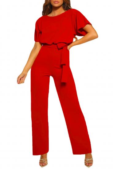 Μοδάτη ολόσωμη φόρμα Nelia με φαρδύ μακρύ παντελόνι και κοντό μανίκι, κόκκινο