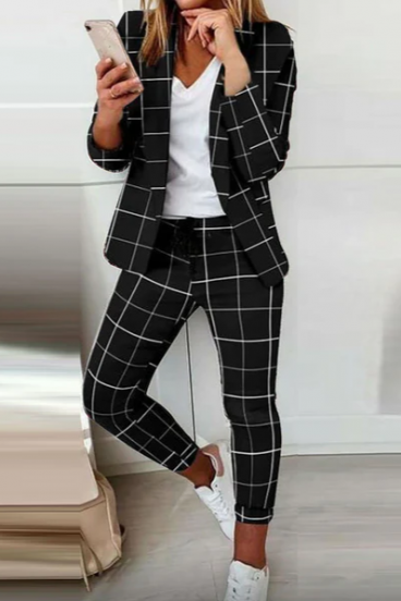 Κομψό κουστούμι Estrena σετ σακάκι-παντελόνι, μαύρο καρό