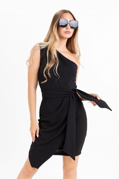  Κομψό μίνι φόρεμα με έναν ώμο με φούστα wrap Ireland, μαύρο