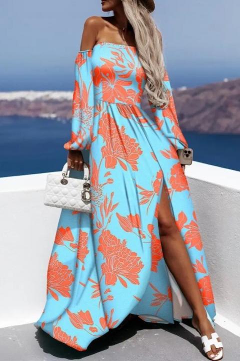 Κομψό μάξι φόρεμα με στάμπα Montella, πορτοκαλί