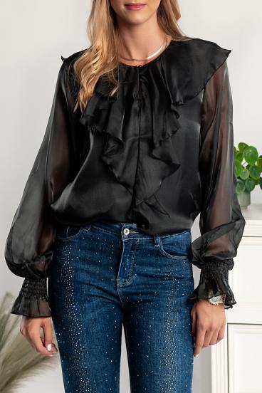 Κομψή Balmina μπλούζα με βολάν, μαύρη