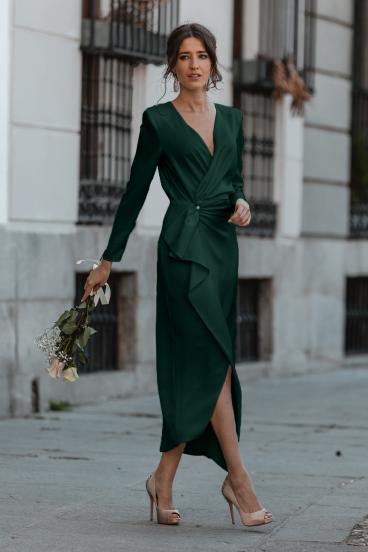 Brynlee κομψό μίντι φόρεμα με βολάν και μανίκια 3/4 , σκούρο πράσινο