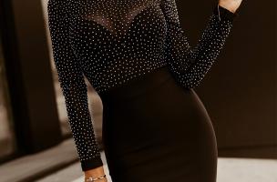 Κομψό μίνι φόρεμα Rhinestone Jenelle, μαύρο