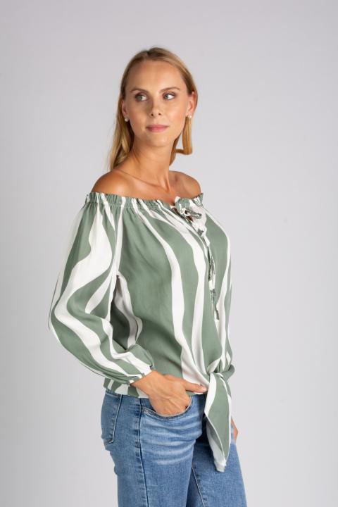 Χαλαρή μπλούζα με ανοιχτούς ώμους και κορδόνια Inessa, λευκό λαδί