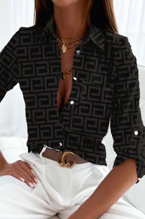 Κομψό πουκάμισο Lavlenta με γεωμετρική στάμπα, μαύρο