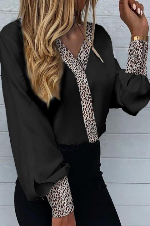Κομψή μπλούζα Polina με λεοπάρ στάμπα, μαύρη