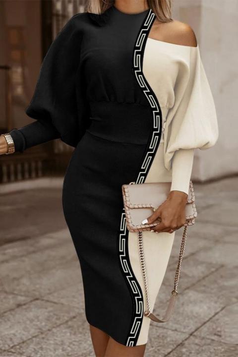 Κομψό μίντι φόρεμα με γεωμετρικό στάμπα, μαύρο και μπεζ