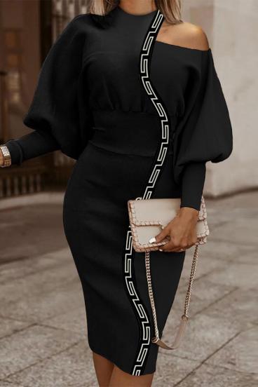Κομψό μίντι φόρεμα με γεωμετρική στάμπα, μαύρο