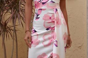 Κομψό μίντι φόρεμα με φλοράλ στάμπα 17096, ροζ