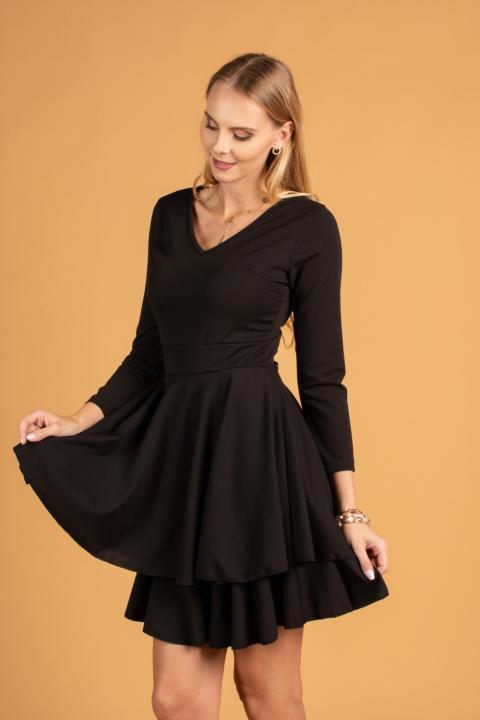 Κομψό μίνι φόρεμα "V" λαιμόκοψη και βολάν στη φούστα Kyliana, μαύρο