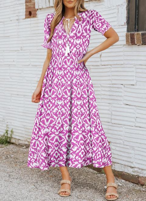 Μάξι φόρεμα με γεωμετρική στάμπα 17310, ροζ