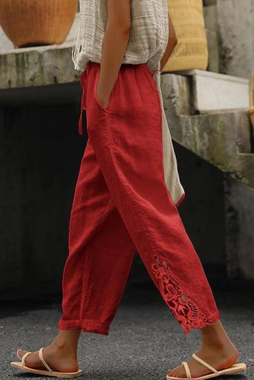 Κομψό βαμβακερό παντελόνι με δαντέλα 17578, κόκκινο