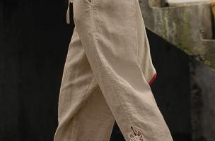 Κομψό βαμβακερό παντελόνι με δαντέλα 17578, μπεζ