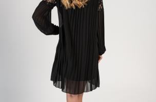 Κομψό πλισέ μίνι φόρεμα Cremona με μακριά φαρδιά μανίκια και ένθετα δαντέλα, μαύρο