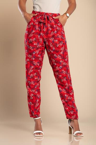 Μακρύ βαμβακερό παντελόνι με φλοράλ στάμπα OXP010, κόκκινο