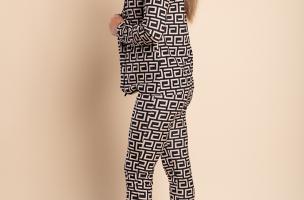 Nunzia παντελόνι σετ με κομψό blazer με γεωμετρικό σχέδιο, μαύρο-μπεζ