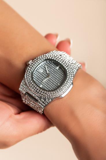 Κομψό ρολόι με διακοσμητικά διαμάντια ART2009, ασημί χρώμα