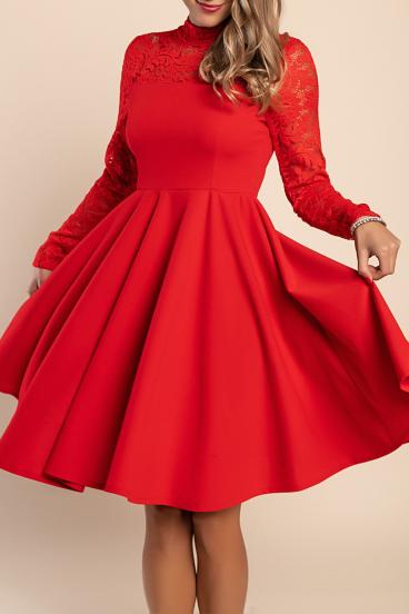 Εφαρμοστό μίντι φόρεμα με δαντέλα, κόκκινο