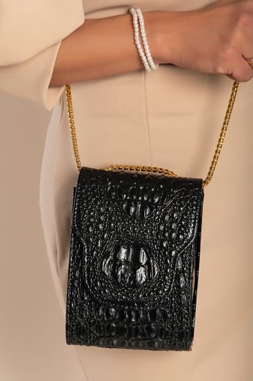 Μικρή τσάντα με μοτίβο από δέρμα κροκόδειλου 9139, μαύρο