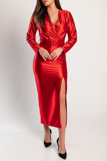 Κομψό μίντι φόρεμα από απομίμηση σατέν, κόκκινο
