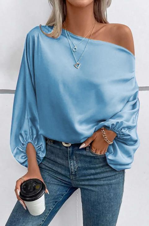 Κομψή μπλούζα με ασύμμετρη λαιμόκοψη 19878, γαλάζιο