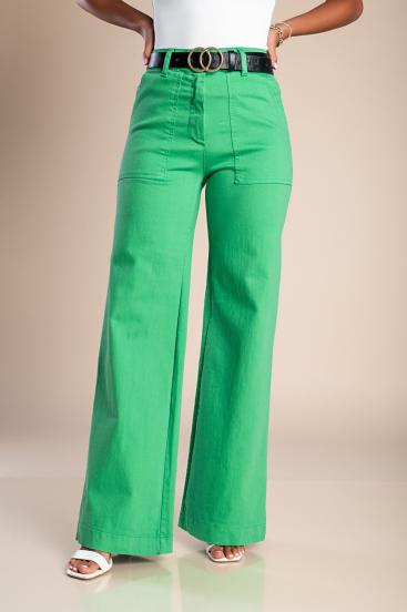 Βαμβακερό παντελόνι με φαρδιά μπατζάκια 50090, πράσινο