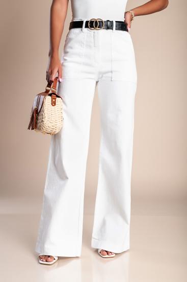 Βαμβακερό παντελόνι με φαρδιά μπατζάκια 50090, λευκό