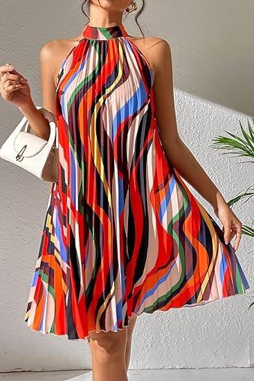 Μίνι φόρεμα πλισέ με στάμπα 20290, πολύχρωμο