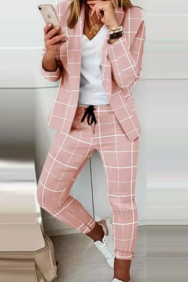 Κομψό κουστούμι Estrena σετ σακάκι-παντελόνι, ανοιχτό ροζ/καρό