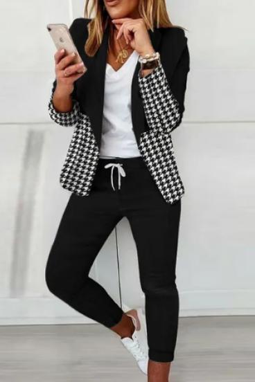 Κομψό nugget print blazer και παντελόνι Estrena, μαύρο/άσπρο