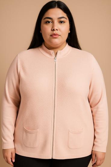 Πλεκτή ζακέτα plus size με φερμουάρ, ανοιχτό ροζ