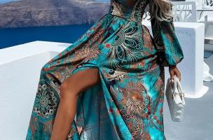 Κομψό μάξι φόρεμα με στάμπα Montella, γαλάζιο