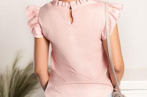Μπλουζάκι Thelmina με πουά και στρογγυλή λαιμόκοψη με βολάν, ροζ