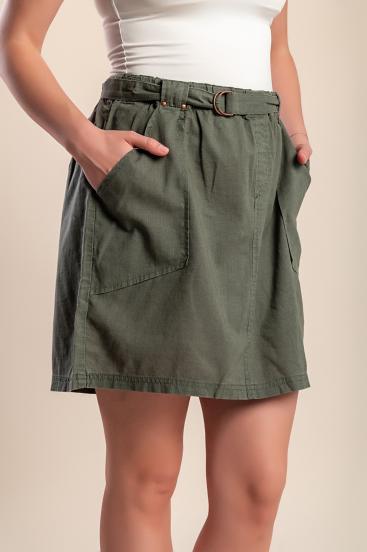 Μίνι φούστα από λινό, λαδί, plus size