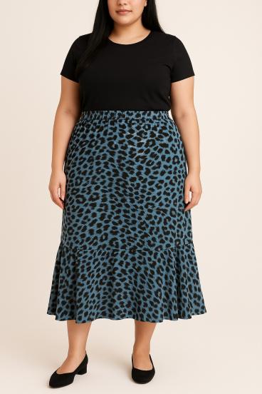 Φούστα με λεοπάρ σχέδιο, σε μπλε χρώμα, plus size, με σχέδιο λεοπάρ, σε φαρδιά γραμμή.