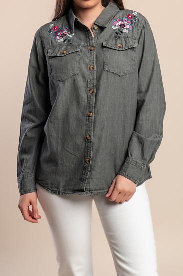 Τζιν πουκάμισο plus size με κέντημα, γκρι