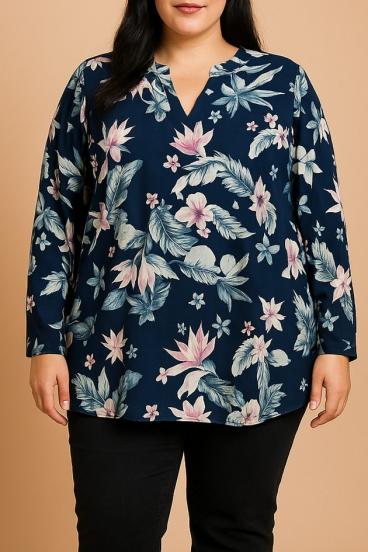 Μπλούζα plus size με φλοράλ τύπωμα, σκούρο μπλε